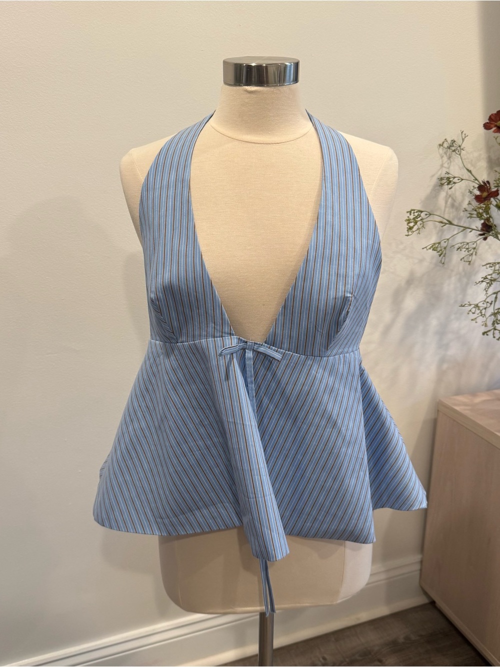 Zara Light Blue Striped Halter Peplum Camisole